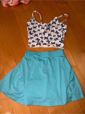 Butterfly Print Crop Top & Aqua Skirt Set - Women's Two-Piece